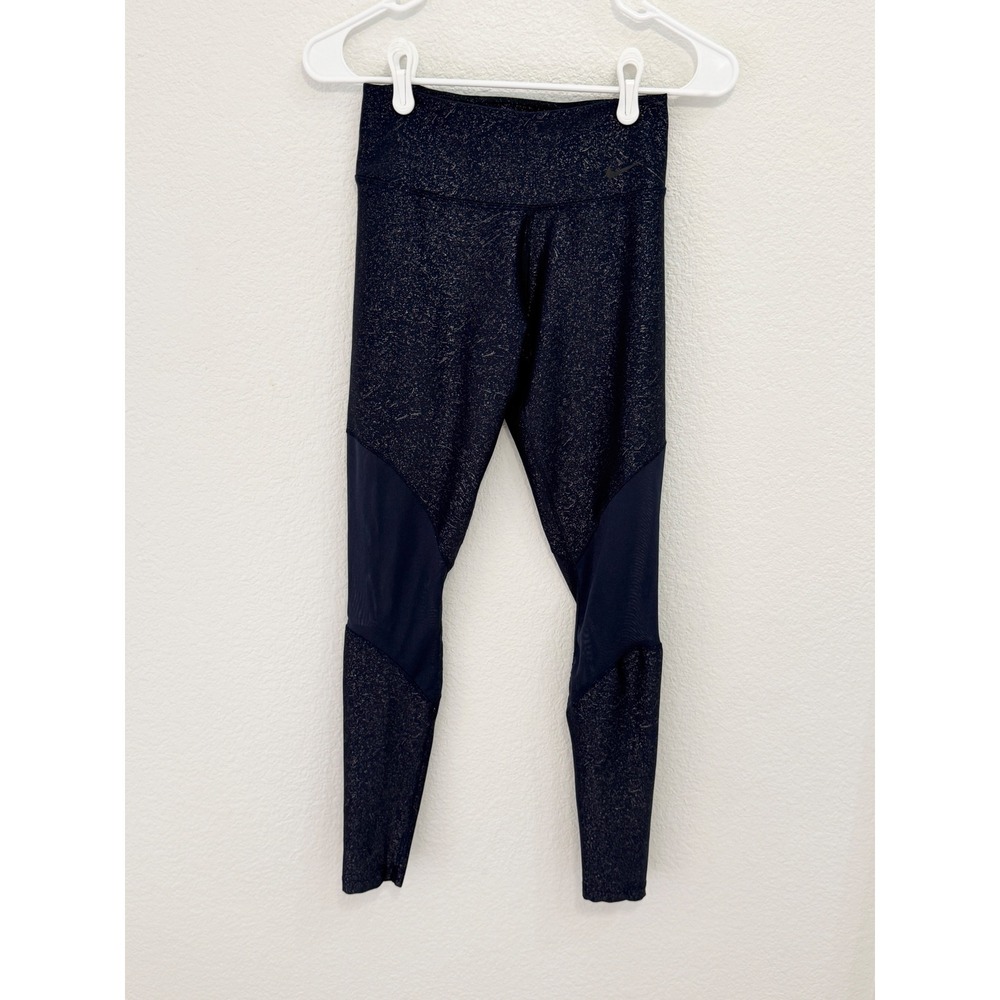 Nike Dri-FIT Navy Blue Metallic Silver Foil Speckle Mesh Panel Leggings XS